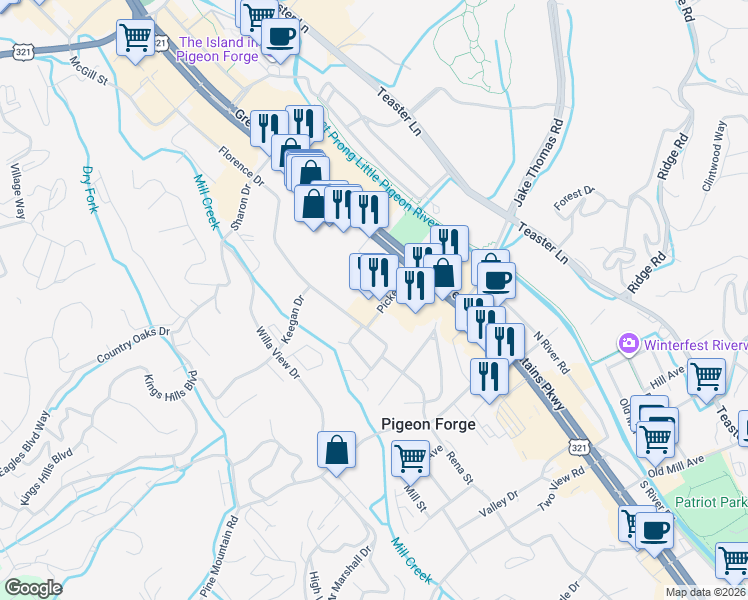 map of restaurants, bars, coffee shops, grocery stores, and more near 208 Pickel Street in Pigeon Forge