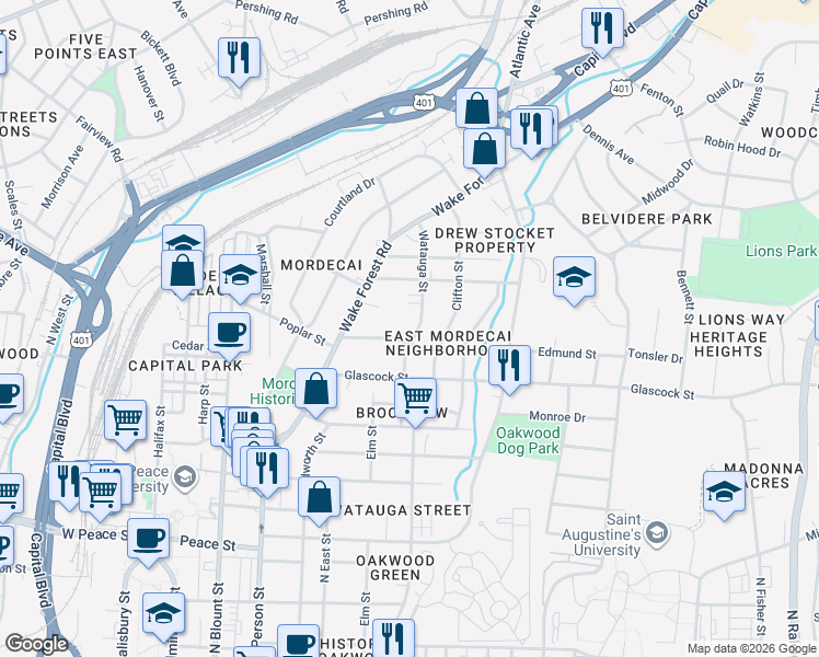 map of restaurants, bars, coffee shops, grocery stores, and more near 1203 Watauga Street in Raleigh