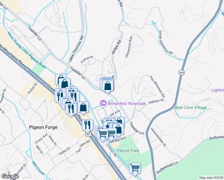 map of restaurants, bars, coffee shops, grocery stores, and more near 2616 Teaster Lane in Pigeon Forge