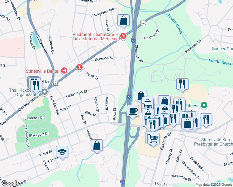 map of restaurants, bars, coffee shops, grocery stores, and more near 222 Knox Street in Statesville