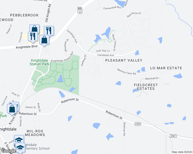 map of restaurants, bars, coffee shops, grocery stores, and more near 588 Heartland Flyer Drive in Knightdale