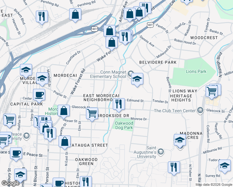 map of restaurants, bars, coffee shops, grocery stores, and more near 1120 Norris Street in Raleigh