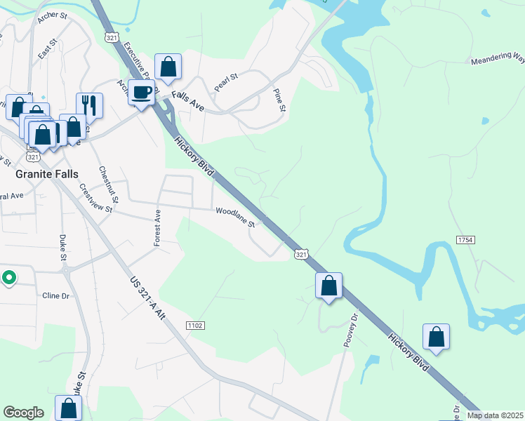 map of restaurants, bars, coffee shops, grocery stores, and more near 110 Woodlane Street in Granite Falls