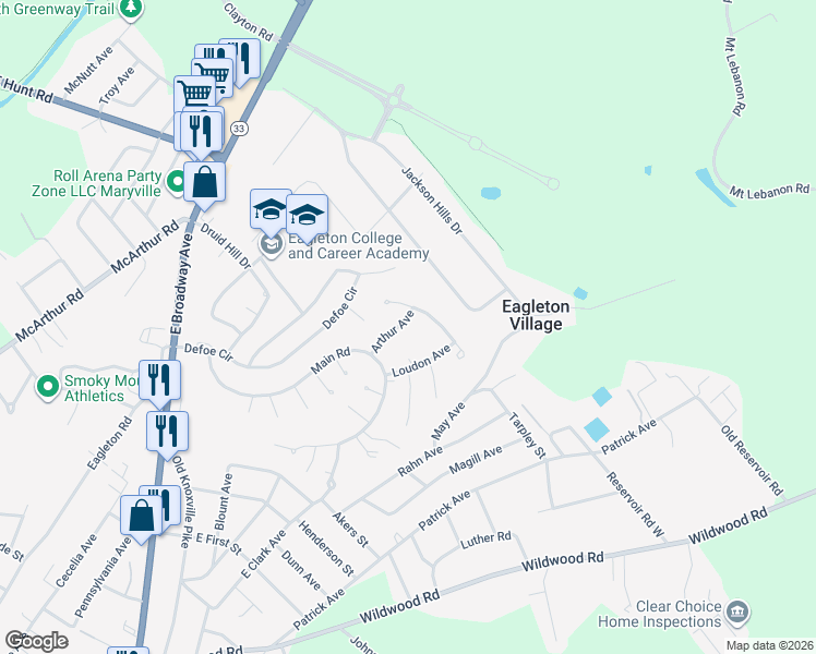 map of restaurants, bars, coffee shops, grocery stores, and more near 517 Arthur Avenue in Maryville