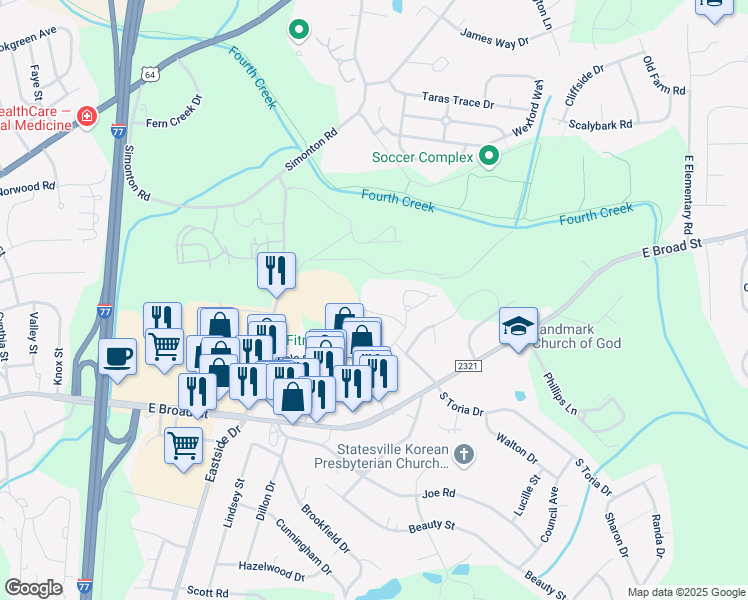 map of restaurants, bars, coffee shops, grocery stores, and more near 2001 Van Haven Drive in Statesville
