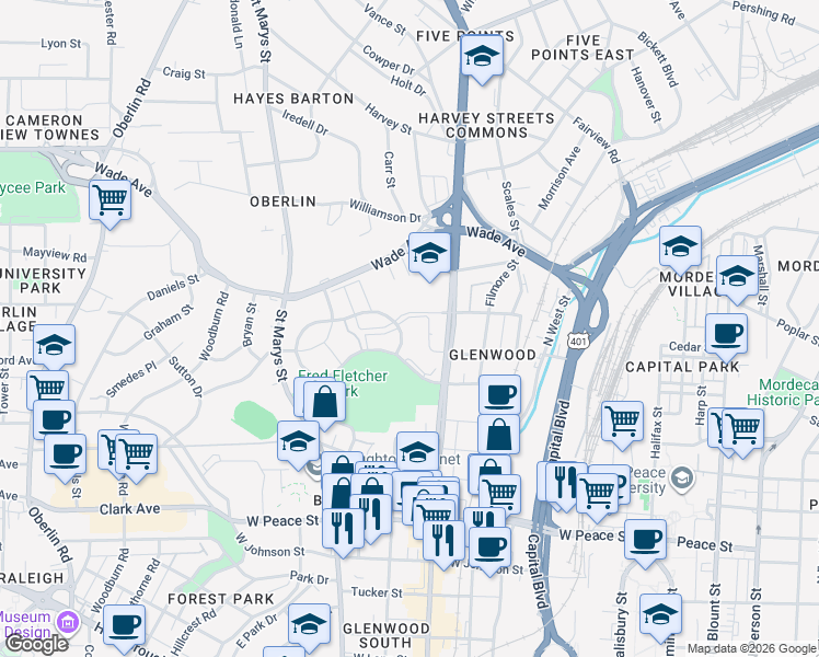 map of restaurants, bars, coffee shops, grocery stores, and more near 761 Bishops Park Drive in Raleigh
