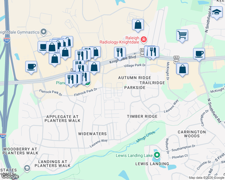 map of restaurants, bars, coffee shops, grocery stores, and more near 805 Pine Forest Trail in Knightdale