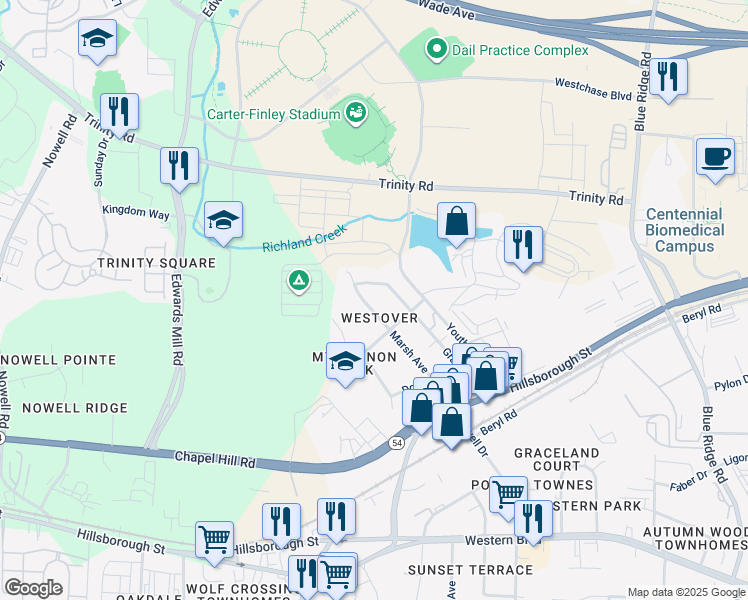 map of restaurants, bars, coffee shops, grocery stores, and more near 312 Marsh Avenue in Raleigh