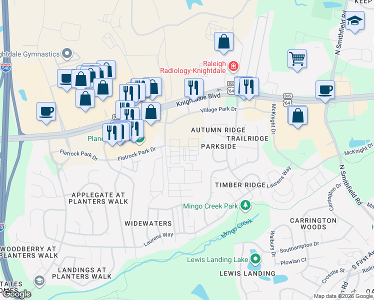 map of restaurants, bars, coffee shops, grocery stores, and more near 805 Pine Forest Trail in Knightdale
