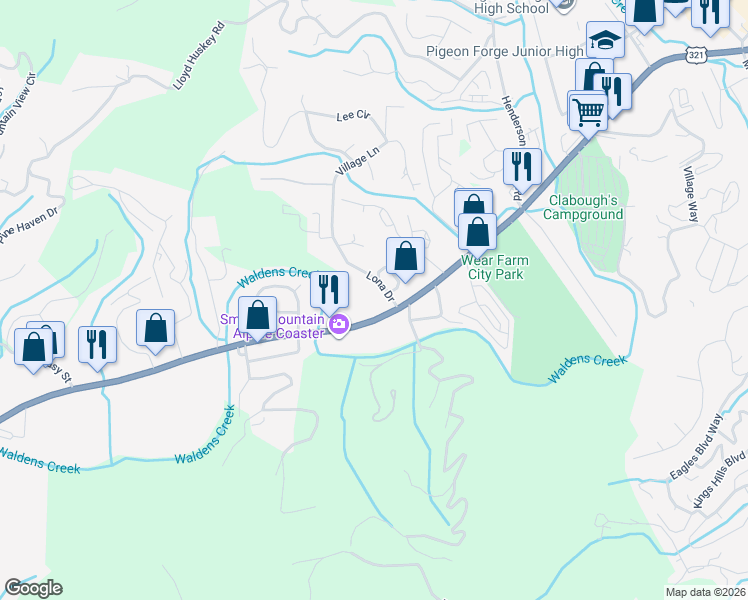 map of restaurants, bars, coffee shops, grocery stores, and more near 804 Wears Valley Road in Pigeon Forge