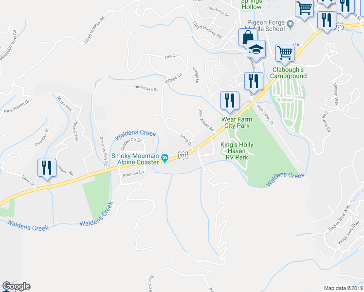 map of restaurants, bars, coffee shops, grocery stores, and more near 804 Wears Valley Road in Pigeon Forge