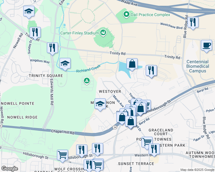 map of restaurants, bars, coffee shops, grocery stores, and more near 312 Marsh Avenue in Raleigh