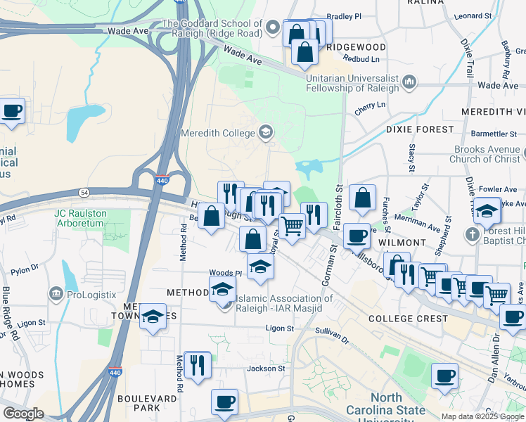 map of restaurants, bars, coffee shops, grocery stores, and more near in Raleigh