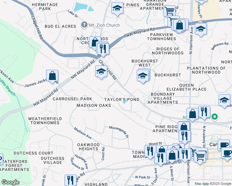 map of restaurants, bars, coffee shops, grocery stores, and more near 215 Rosebrooks Drive in Cary