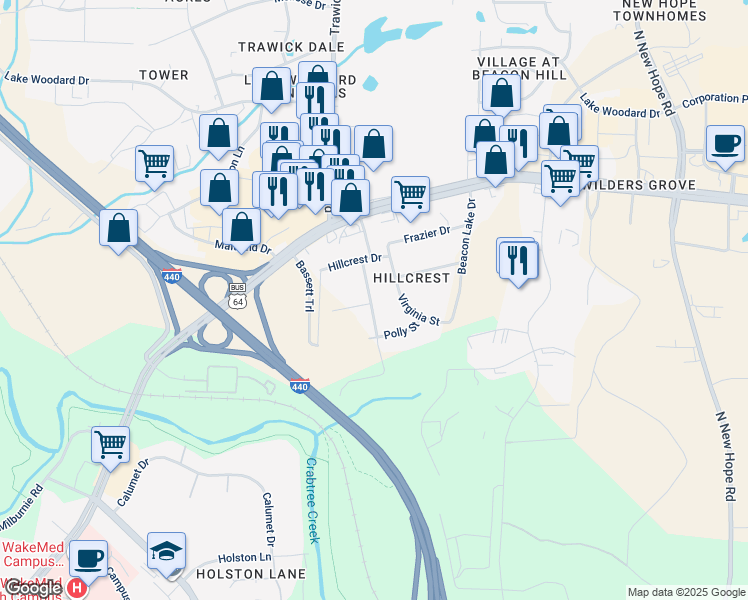 map of restaurants, bars, coffee shops, grocery stores, and more near 1020 Plainview Drive in Raleigh