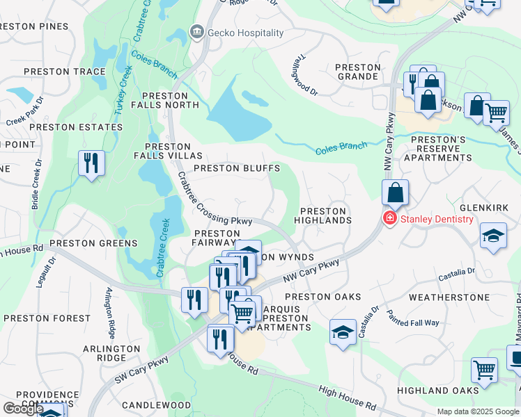 map of restaurants, bars, coffee shops, grocery stores, and more near 103 Grey Bridge Row in Cary