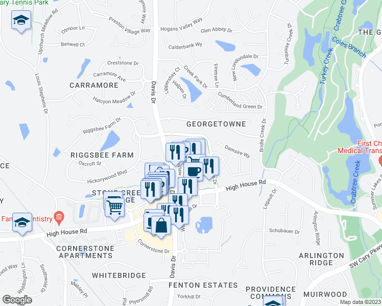 map of restaurants, bars, coffee shops, grocery stores, and more near 21009 Bradford Green Square in Cary