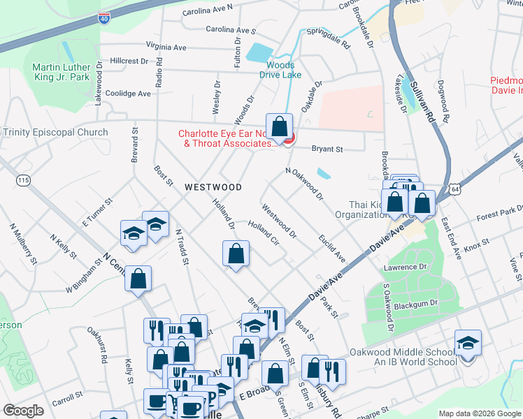 map of restaurants, bars, coffee shops, grocery stores, and more near 381 Westwood Drive in Statesville