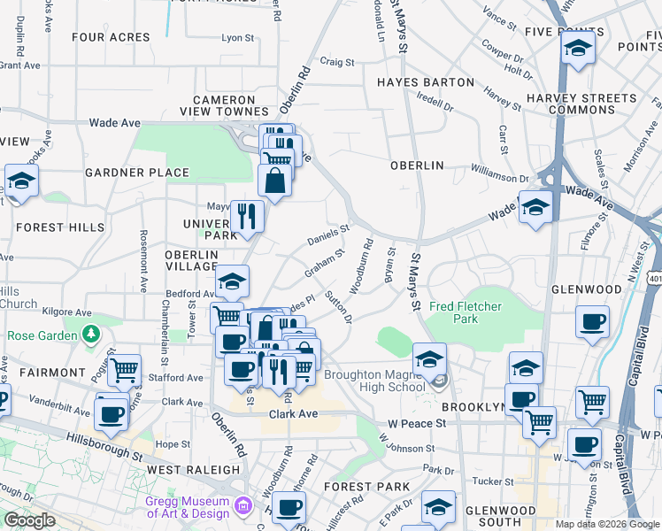 map of restaurants, bars, coffee shops, grocery stores, and more near 707 Smedes Place in Raleigh