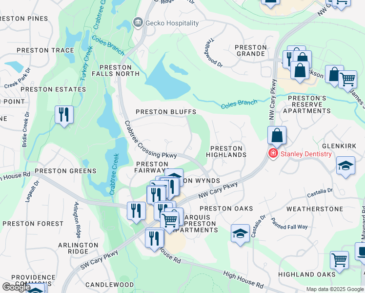map of restaurants, bars, coffee shops, grocery stores, and more near 103 Grey Bridge Row in Cary
