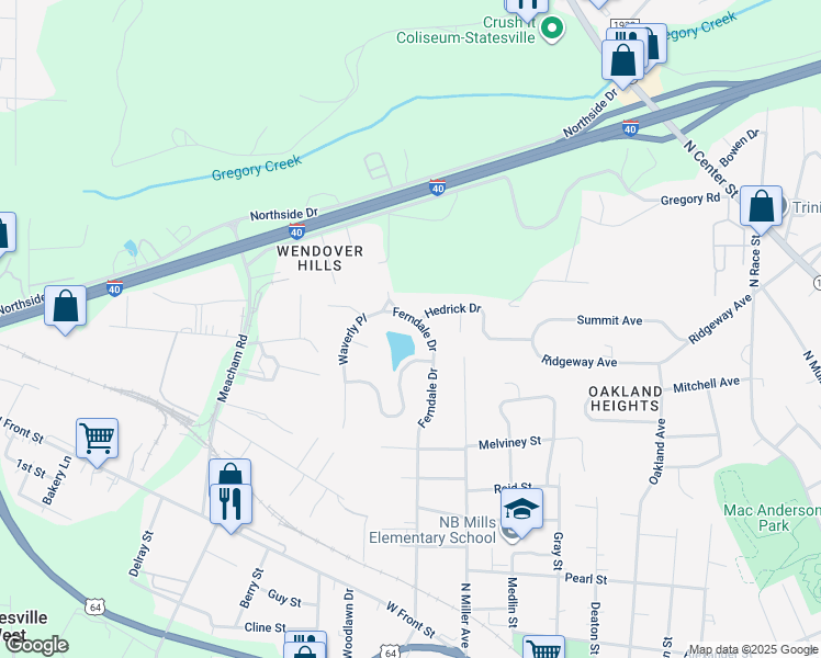 map of restaurants, bars, coffee shops, grocery stores, and more near 813 Ferndale Drive in Statesville