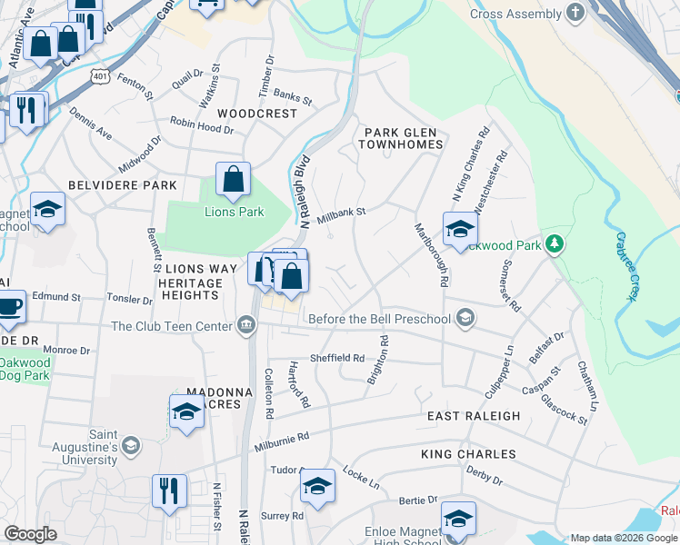 map of restaurants, bars, coffee shops, grocery stores, and more near 2110 Birkhall St in Raleigh