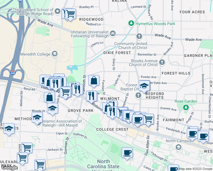 map of restaurants, bars, coffee shops, grocery stores, and more near 3314 Pollock Place in Raleigh