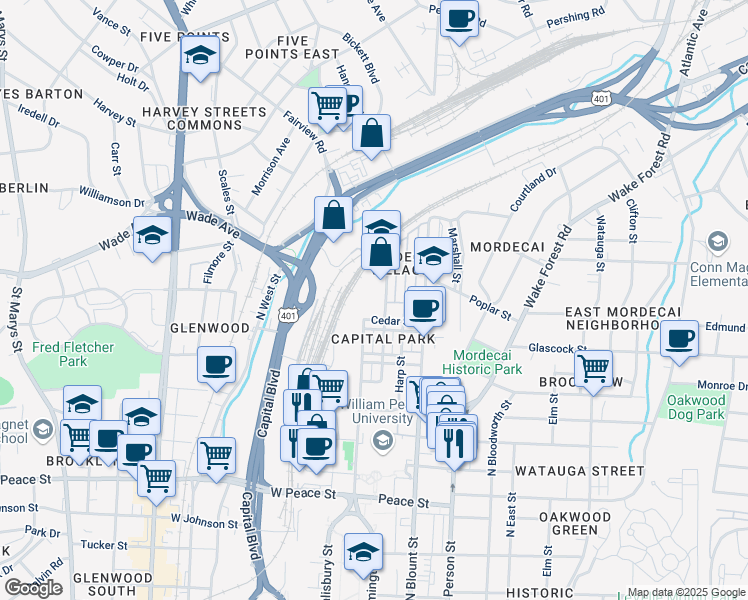 map of restaurants, bars, coffee shops, grocery stores, and more near 1101 Haynes Street in Raleigh