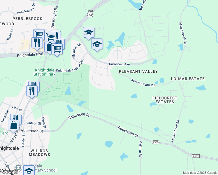 map of restaurants, bars, coffee shops, grocery stores, and more near 592 Heartland Flyer Drive in Knightdale
