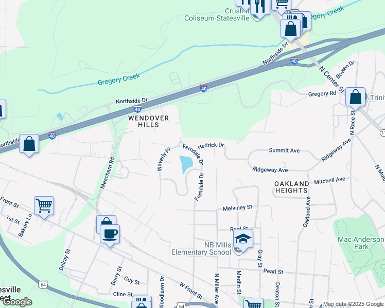 map of restaurants, bars, coffee shops, grocery stores, and more near 813 Ferndale Drive in Statesville