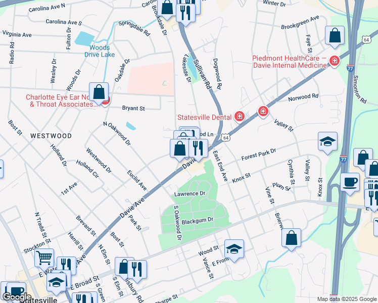 map of restaurants, bars, coffee shops, grocery stores, and more near 947 Davie Avenue in Statesville