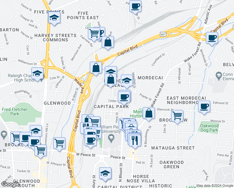 map of restaurants, bars, coffee shops, grocery stores, and more near 1131 Harp Street in Raleigh