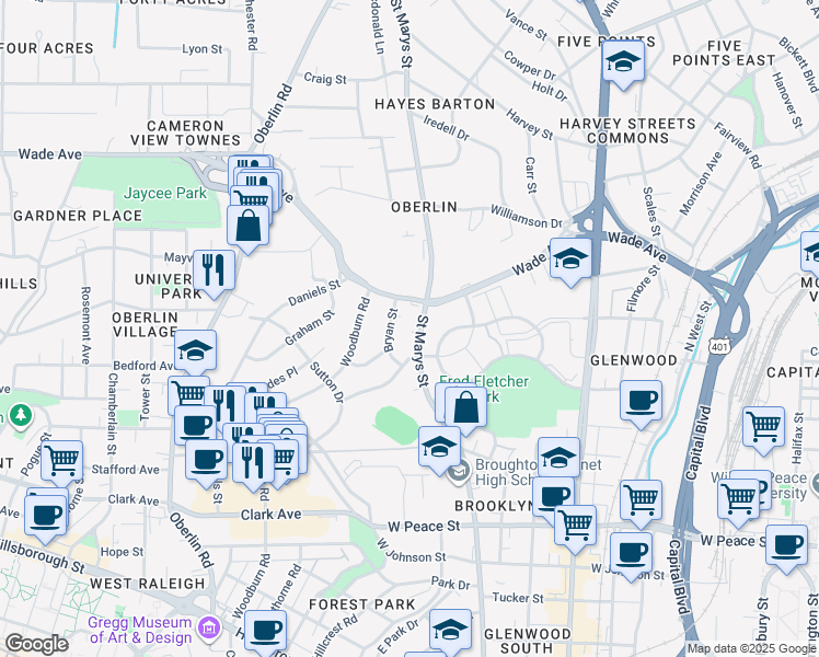 map of restaurants, bars, coffee shops, grocery stores, and more near 812 Bryan Street in Raleigh