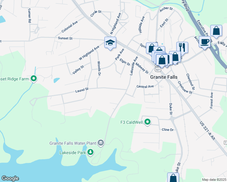 map of restaurants, bars, coffee shops, grocery stores, and more near 13 Laurel Street in Granite Falls