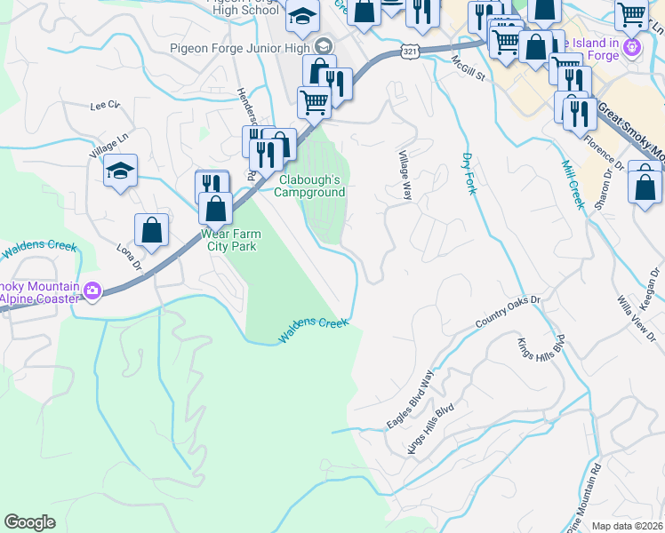 map of restaurants, bars, coffee shops, grocery stores, and more near 2675 High Valley Drive in Pigeon Forge