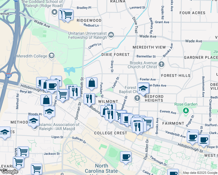 map of restaurants, bars, coffee shops, grocery stores, and more near 3312 Pollock Place in Raleigh