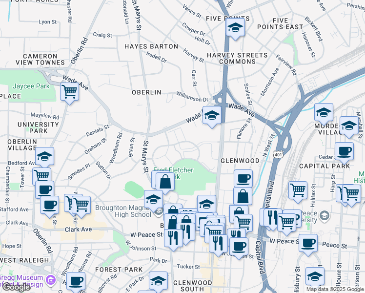 map of restaurants, bars, coffee shops, grocery stores, and more near 1024 Washington Street in Raleigh