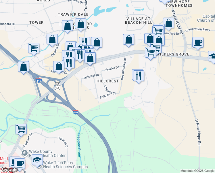 map of restaurants, bars, coffee shops, grocery stores, and more near 3915 Virginia Street in Raleigh