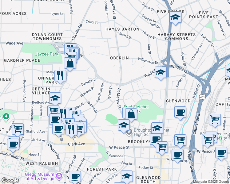 map of restaurants, bars, coffee shops, grocery stores, and more near 812 Bryan Street in Raleigh