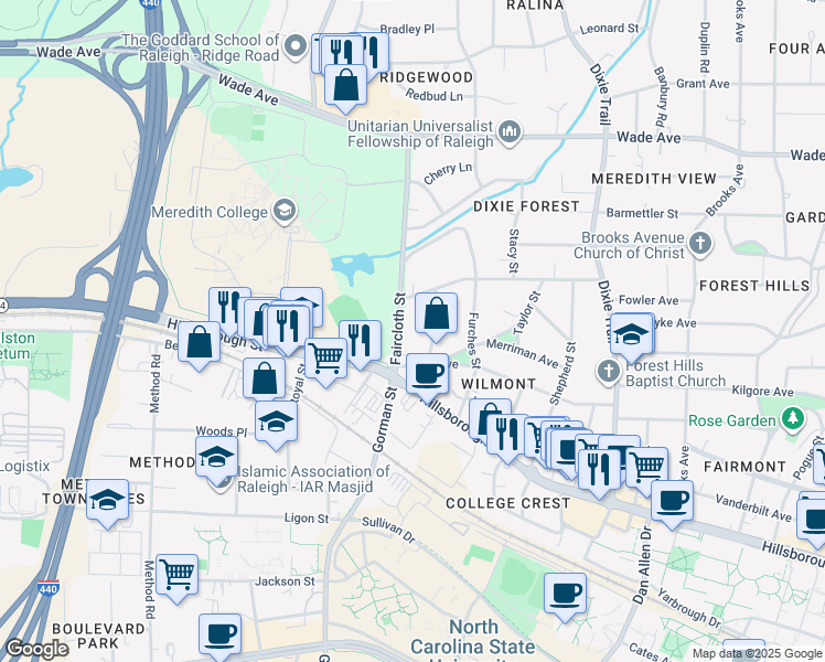 map of restaurants, bars, coffee shops, grocery stores, and more near 110 Faircloth Street in Raleigh