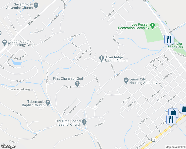 map of restaurants, bars, coffee shops, grocery stores, and more near 268 West Hills Drive in Lenoir City