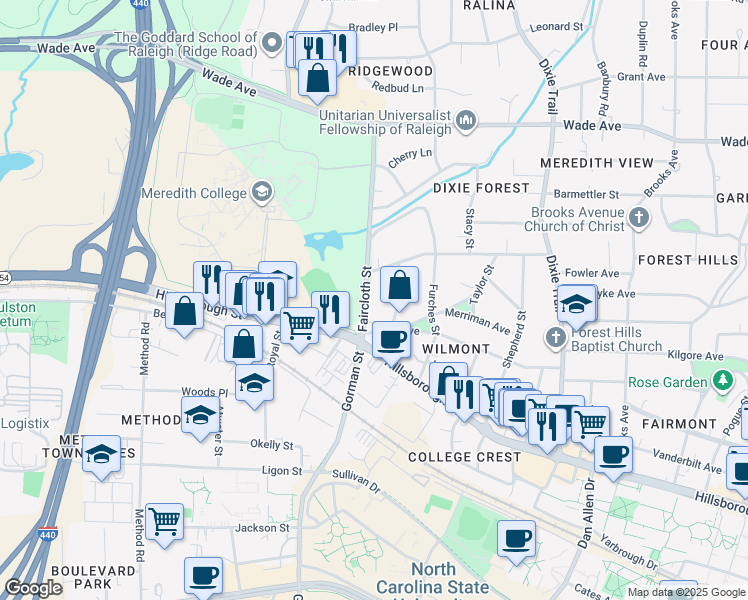 map of restaurants, bars, coffee shops, grocery stores, and more near 110 Faircloth Street in Raleigh
