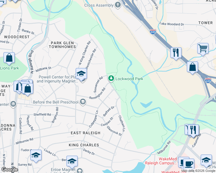 map of restaurants, bars, coffee shops, grocery stores, and more near 2516 Remington Road in Raleigh
