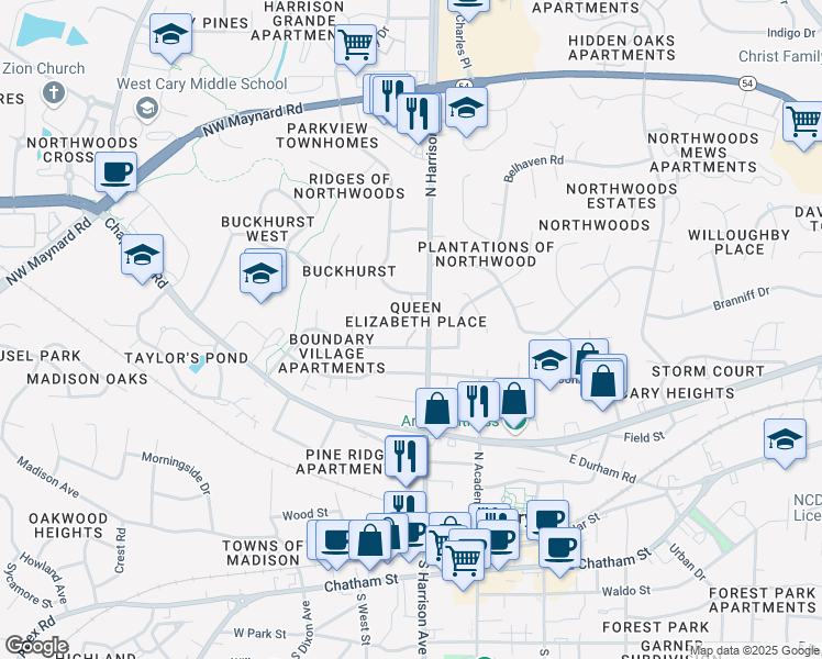 map of restaurants, bars, coffee shops, grocery stores, and more near 312 Lord Byron Court in Cary