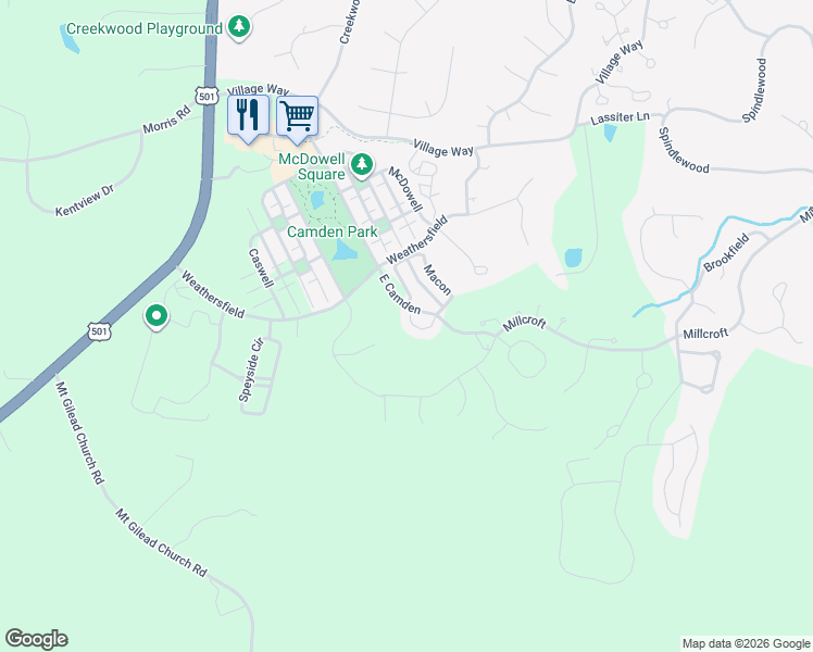 map of restaurants, bars, coffee shops, grocery stores, and more near 5506 Rutherford Close in Pittsboro