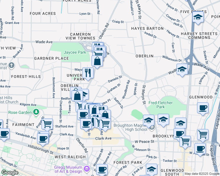 map of restaurants, bars, coffee shops, grocery stores, and more near 727 Graham Street in Raleigh