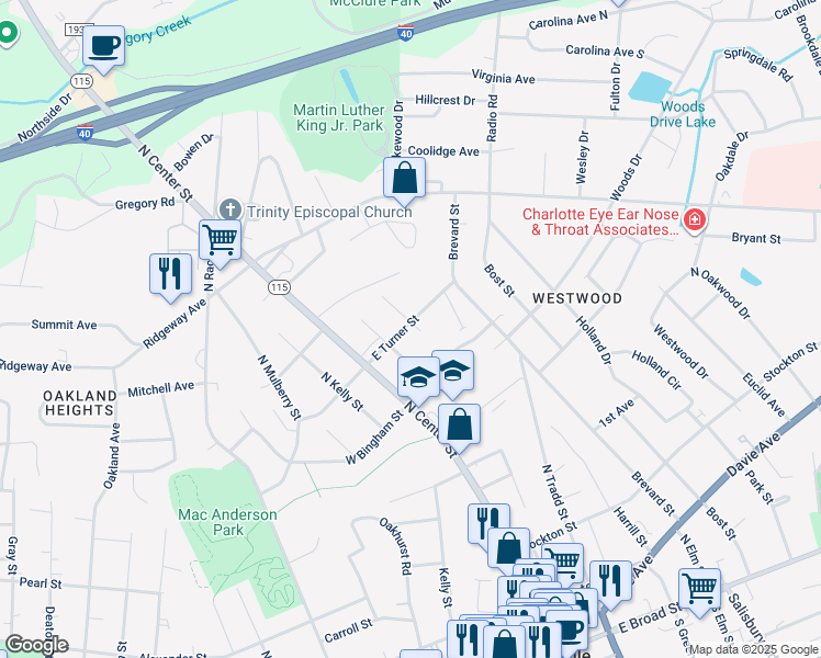 map of restaurants, bars, coffee shops, grocery stores, and more near 226 East Turner Street in Statesville