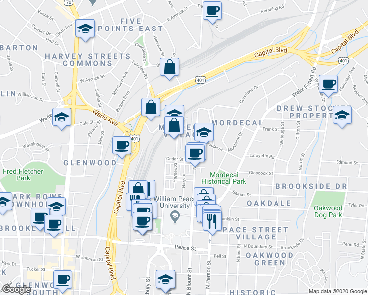 map of restaurants, bars, coffee shops, grocery stores, and more near 1135 Harp Street in Raleigh