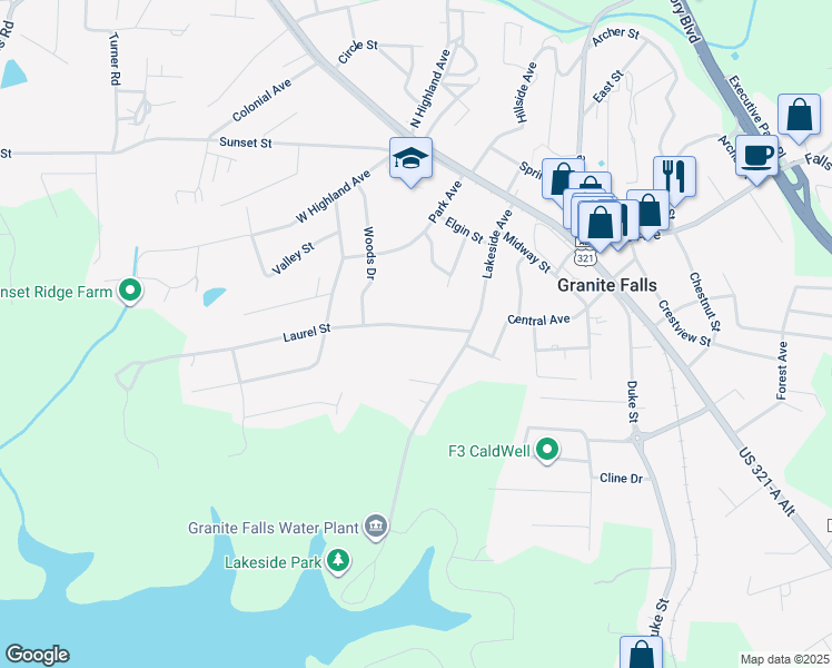 map of restaurants, bars, coffee shops, grocery stores, and more near 13 Laurel Street in Granite Falls