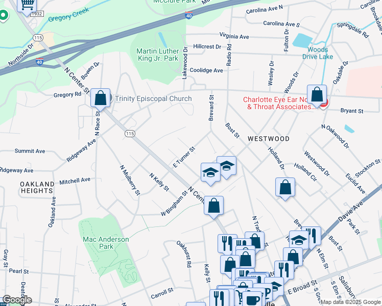 map of restaurants, bars, coffee shops, grocery stores, and more near 226 East Turner Street in Statesville